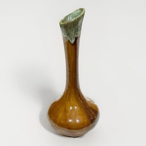 May include: A brown ceramic vase with a bulbous base and a slender, elongated neck. The top of the vase is angled and has a green, textured rim. The vase has a glossy finish and is set against a white background.