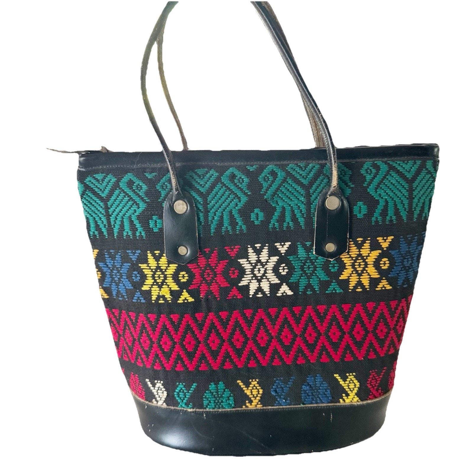 Vintage Handmade Guatemala Boho Multi Color with Leather Trim Bucket Bag Guatemalan Bucket Bag - Etsy main image 4