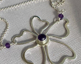 Unique silver flower pendant with Amethyst gemstone, statement silver necklace with Amethyst gemstone.