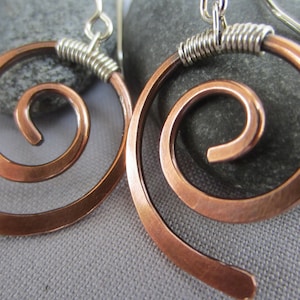 Hammered Copper Spiral Earrings: Sterling Silver Wire Wrap