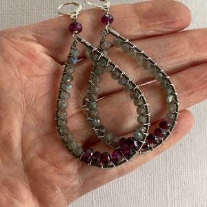 Large wire wrapped silver and gemstone earrings, Labradorite and Garnet earrings, wire wrapped silver earrings image 10