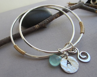 Sterling Silver Bangle Bracelet with Chalcedony Charm: Personalized Jewelry