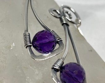 Purple Amethyst Earrings, Oxidized Sterling silver Earrings, February birthstone dangle, Wire wrapped Silver earrings