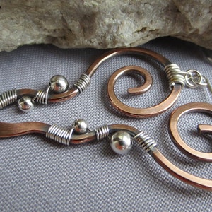 Copper Earrings, mixed metal earrings, Copper Hammered Earrings, Copper Wire Earrings, artisan earrings, long earrings