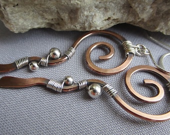 Copper Earrings/ Mixed Metal Earrings/ Copper Hammered Earrings/ Copper Wire Earrings/ Artisan Earrings/Long Earrings