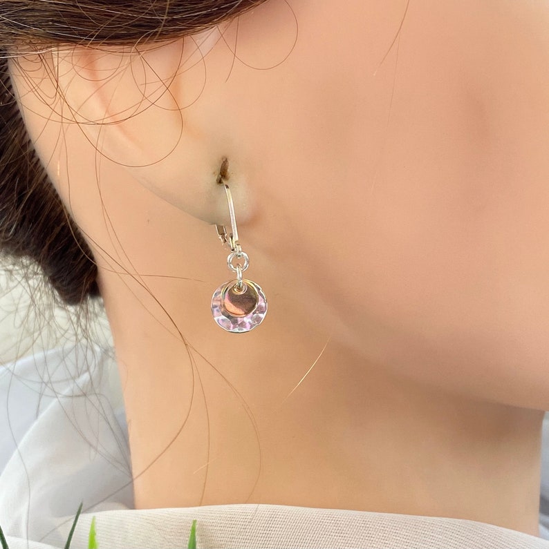 Tiny simple silver and gold disc earrings for every day use small 14 K gold filled and silver disc texturized Gold and silver earrings