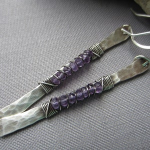 Hammered Amethyst and silver earrings, purple Amethyst artisan long dangle Earrings, birthstone jewelry image 3