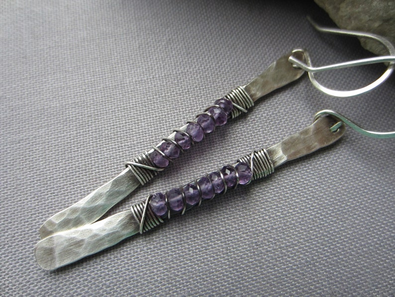 Hammered Amethyst and silver earrings, purple Amethyst artisan long dangle Earrings, birthstone jewelry image 3