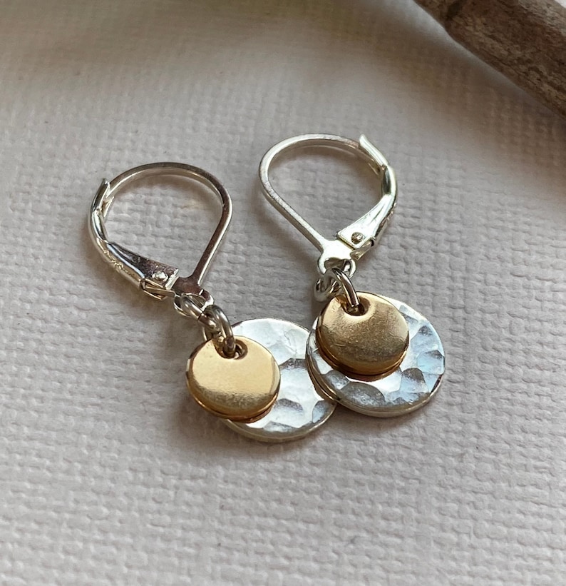 Tiny simple silver and gold disc earrings for every day use small 14 K gold filled and silver disc texturized Gold and silver earrings