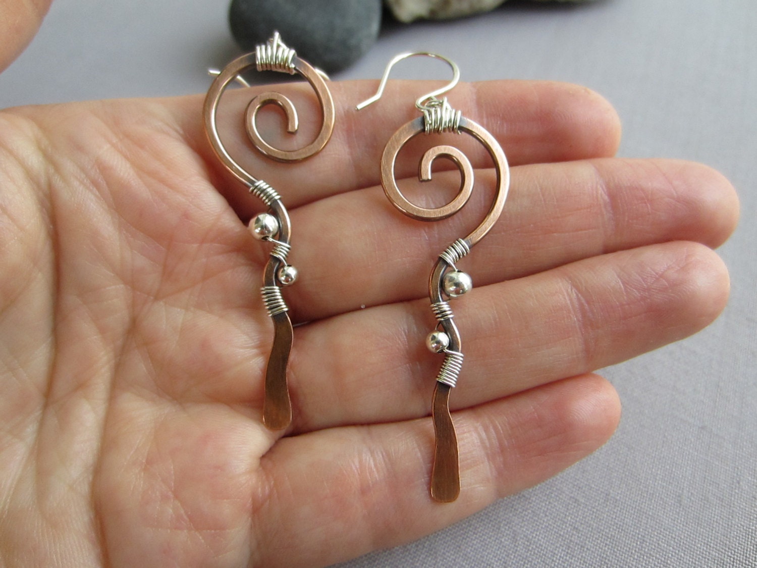 Copper Earrings/ Mixed Metal Earrings/ Copper Hammered Etsy