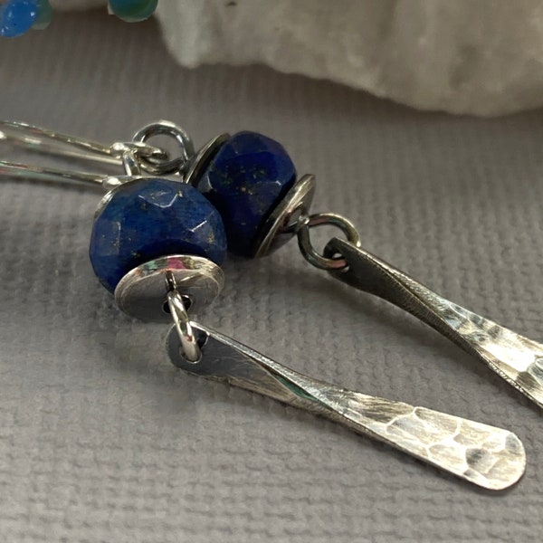 Blue Lapis dangle earrings with hammered silver bar, oxidized sterling silver earrings with Lapis Lazuli gemstone.