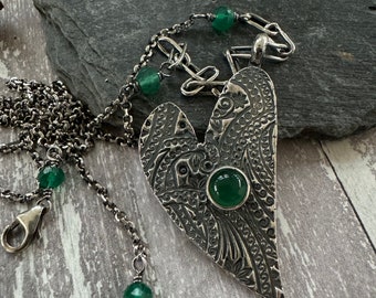 Silver heart necklace with green Onyx gemstones