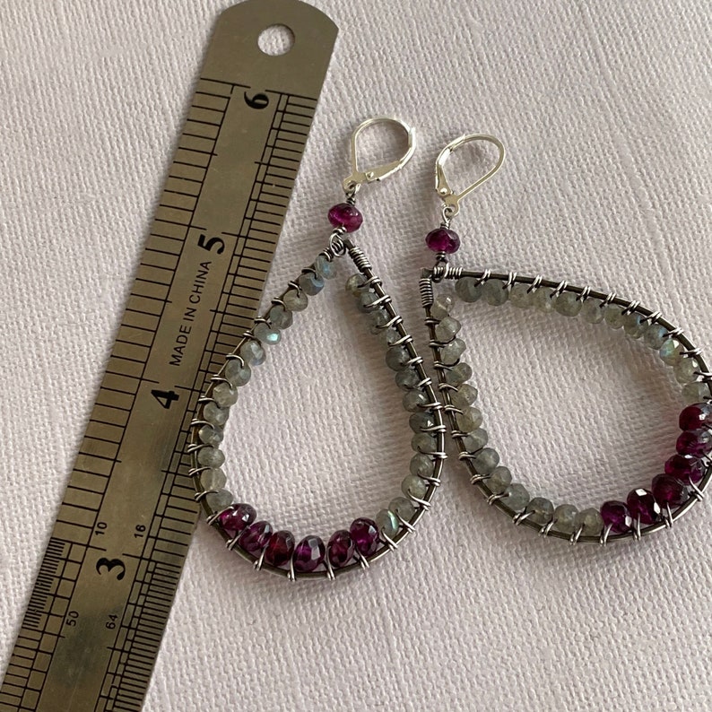 Large wire wrapped silver and gemstone earrings, Labradorite and Garnet earrings, wire wrapped silver earrings image 6