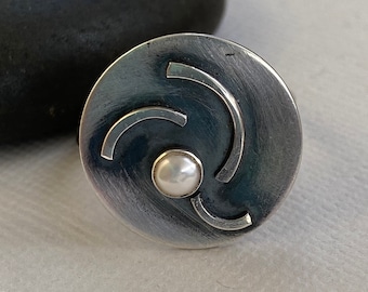Oxidized Sterling Silver Pearl Ring - Modern Statement Ring, US Size 7