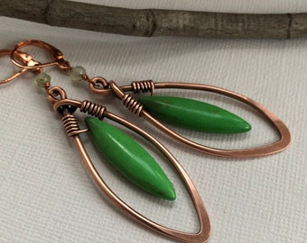 Long copper leaf earrings with neon green gemstone, handmade copper earrings