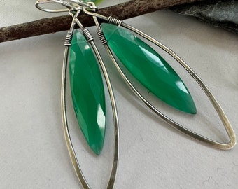 Long silver statement earrings with green Onyx.