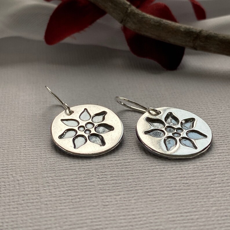 Poinsettia silver earring for Christmas, handcrafted flower earrings, Christmas earrings. image 7