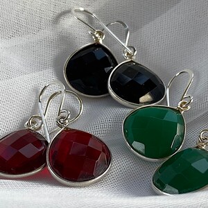 Sterling Silver Gemstone Drop Earrings: Green Onyx, Garnet, Black Onyx