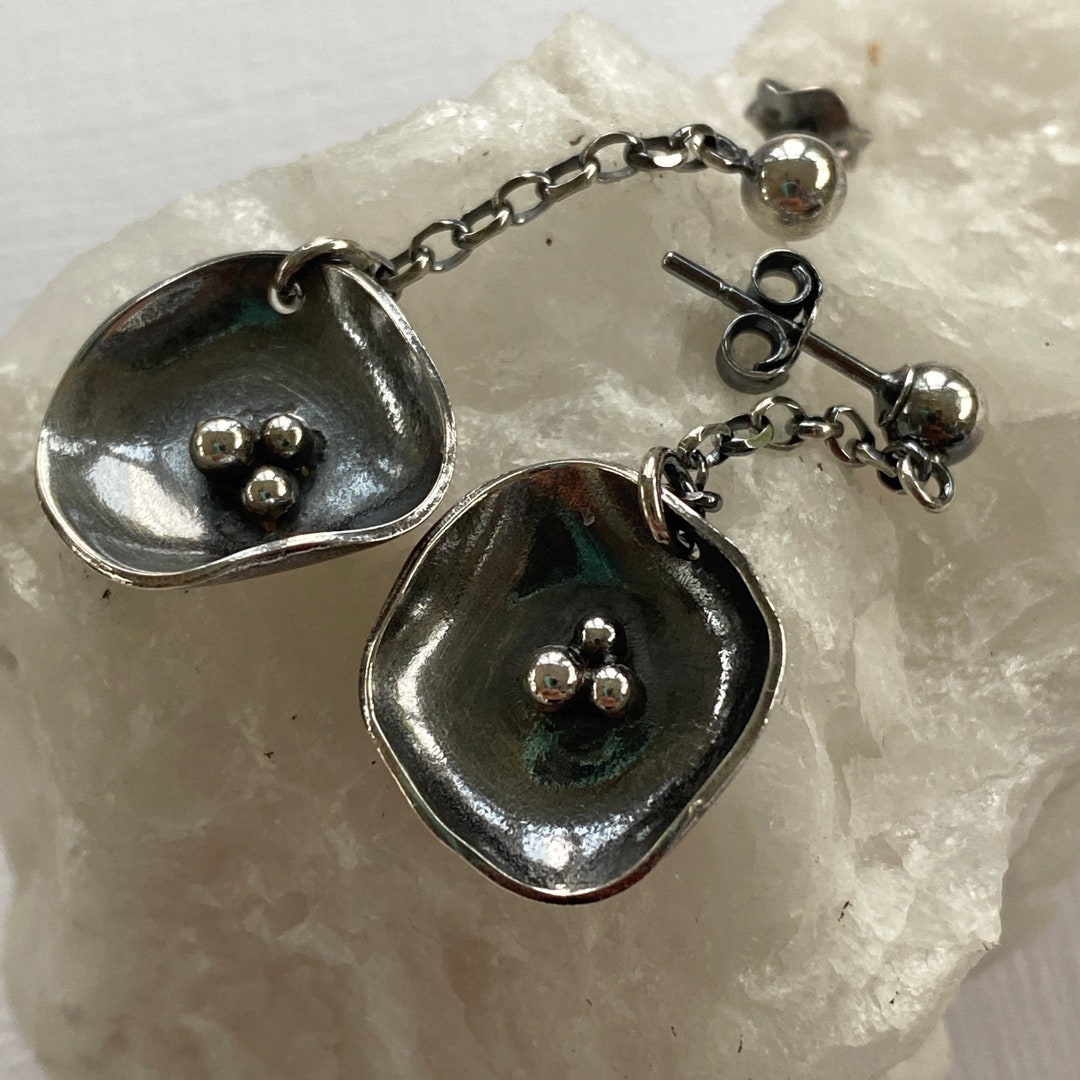 Oxidized Sterling Silver Poppy Earrings: Long Dangle Flower Studs - Main Image