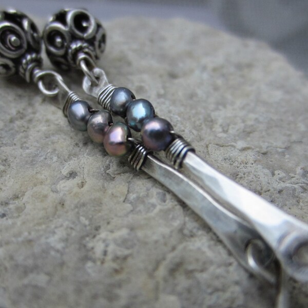 SALE! /Hammered Silver Earrings with Pearls and Filigree Silver Bead/ Stick Earrings/ Long Silver Earrings/