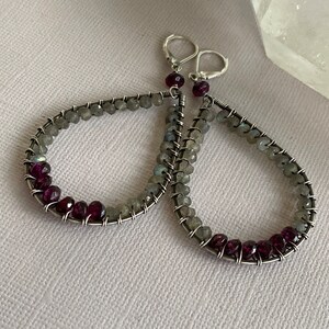 Large wire wrapped silver and gemstone earrings, Labradorite and Garnet earrings, wire wrapped silver earrings image 9