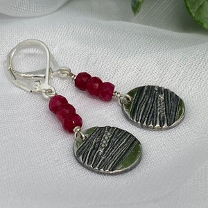 Small silver earrings with genuine Ruby gemstone, artisan silver earrings with Ruby gemstone, unique Ruby earrings.