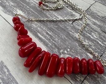 Red bamboo Coral silver necklace , silver choker with red Coral