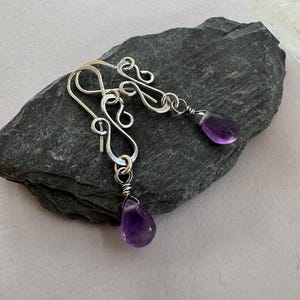 Oxidized Silver Amethyst Drop Earrings: Handmade Sterling Silver Wire