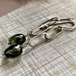 Sterling Silver Paperclip Earrings: Greenish Gemstone Dangle Earrings