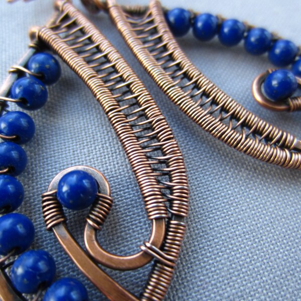 Copper Wire Wrapped Earrings w.Lapis Jasper/ Artisan Earrings/ Copper Artisan Earrings