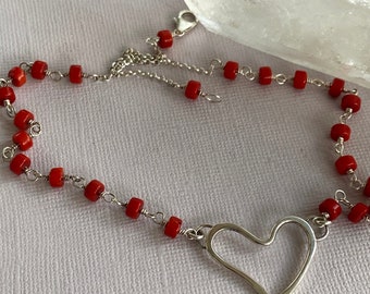 Silver Heart necklace with Coral beads, handmade silver heart choker, Valentine's day gift