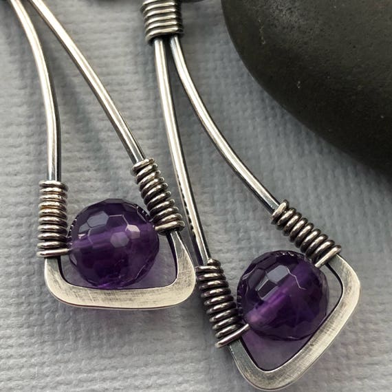Beautiful amethyst stone wire wrapped in silver oxidized wire.