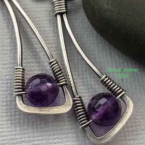 Purple Amethyst Earrings, Oxidized Sterling silver Earrings, February birthstone dangle, Wire wrapped Silver earrings