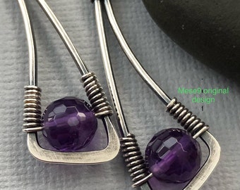 Purple Amethyst Earrings, Oxidized Sterling silver Earrings, February birthstone dangle, Wire wrapped Silver earrings