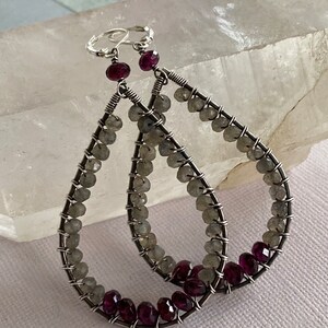 Large wire wrapped silver and gemstone earrings, Labradorite and Garnet earrings, wire wrapped silver earrings image 5