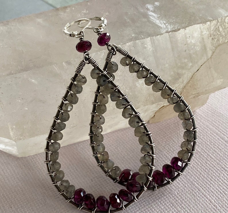 Large wire wrapped silver and gemstone earrings, Labradorite and Garnet earrings, wire wrapped silver earrings image 5