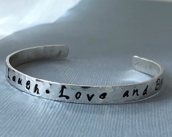 Personalized Sterling Silver Cuff Bracelet: Hammered Inspirational Text