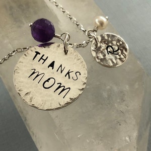 Personalized Sterling Silver Mom Necklace: Hammered Charm, Amethyst & Pearl