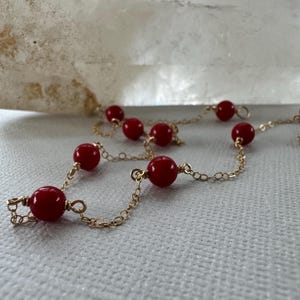 Gold Filled Necklace: Delicate Red Bamboo Coral Beaded Chain