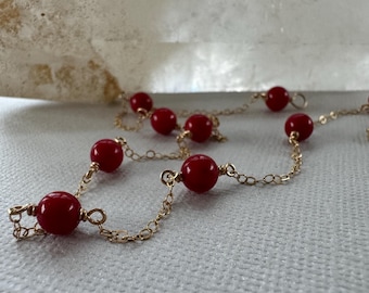 Gold Filled Necklace: Delicate Red Bamboo Coral Beaded Chain