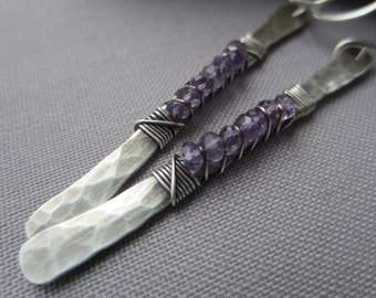 Hammered Amethyst and silver earrings, purple Amethyst artisan long dangle Earrings, birthstone jewelry
