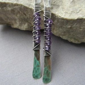 Hammered Amethyst and silver earrings, purple Amethyst artisan long dangle Earrings, birthstone jewelry image 2