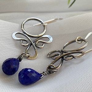 Oxidized Sterling Silver Lapis Lazuli Dangle Earrings: Handcrafted Gemstone Jewelry