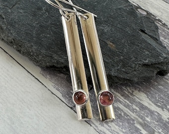 Silver bar earrings with pink Tourmaline, gift for mom, graduation gift