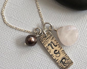 Initial necklace with gemstone, personalized gift for her, silver necklace with initials, custom jewelry