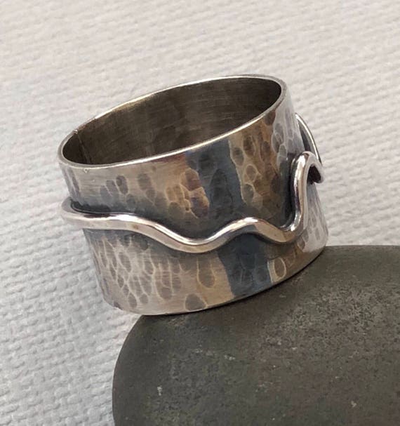 Unique gift for her Original everyday statement jewelry Oxidized wide silver band for women Modern silver cool wrapped contemporary ring