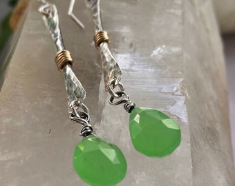 Sterling silver long earrings with green Chalcedony gemstones, unique custom jewelry for her.