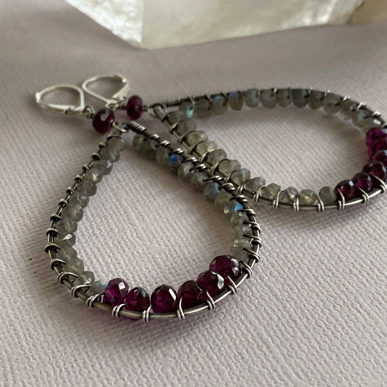 Large wire wrapped silver and gemstone earrings, Labradorite and Garnet earrings, wire wrapped silver earrings image 3