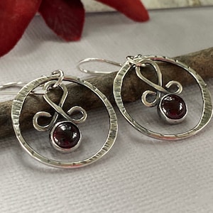 Garnet gemstone earrings with textured hoop, January birthstone and silver jewelry, personalized Christmas present