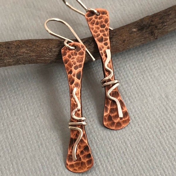 Copper hammered dangle earrings with silver wire wrap, Bi-metal rustic earrings with silver, Hammered Copper Dangles, mixed metal dangles